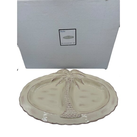 Palm Tree Stoneware Divided Platter Dish by Pacific 15" box 3D - Picture 1 of 13